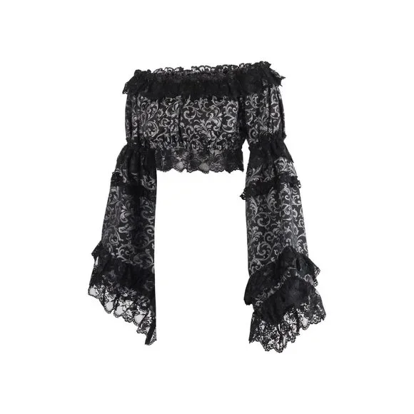 Silver/Black Brocade Smocked Flare Sleeve Peasant Top - Picture 2 of 3